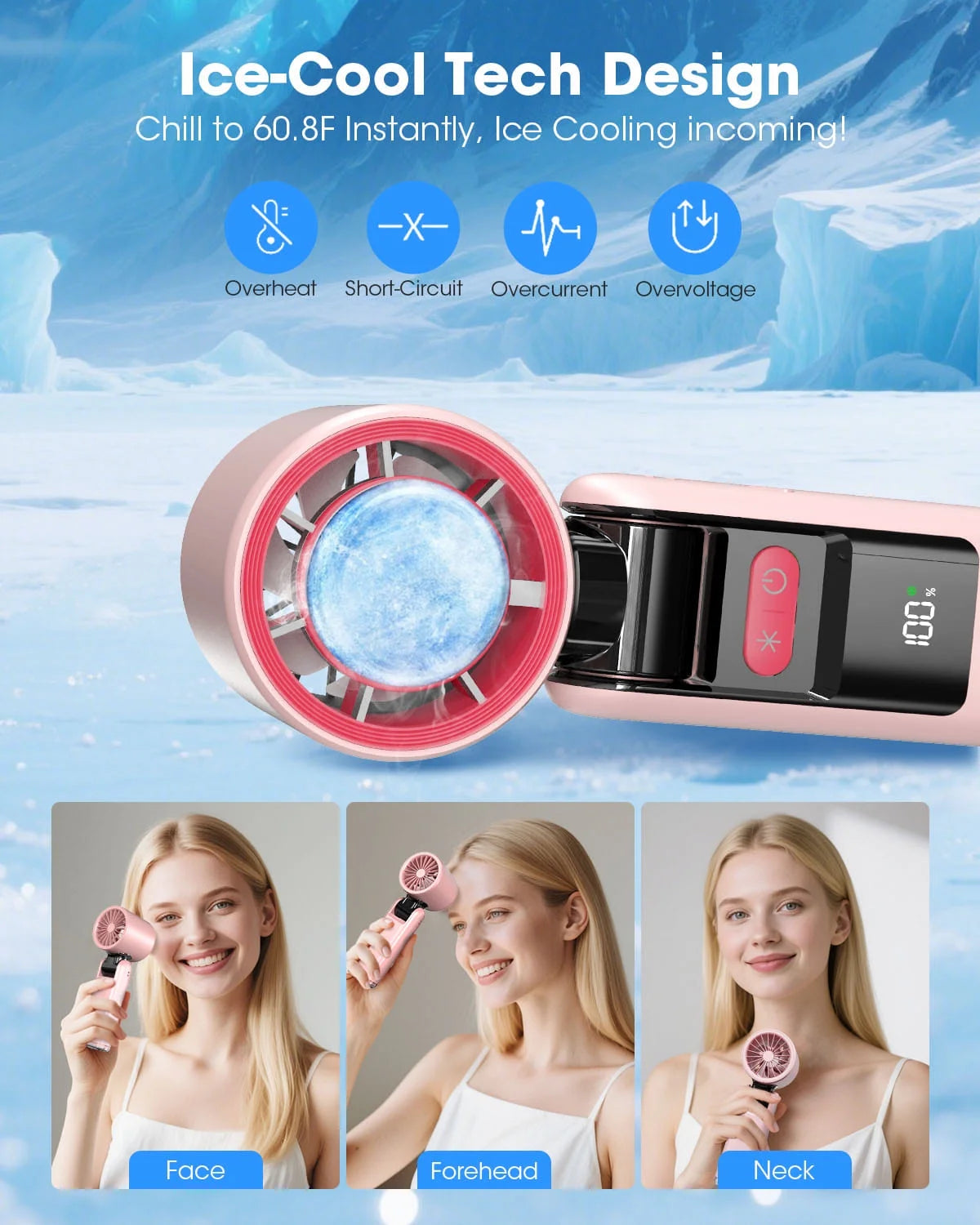 Handheld Fan with Ice Cooler and Flashlight, Chill to 60℉ In Seconds