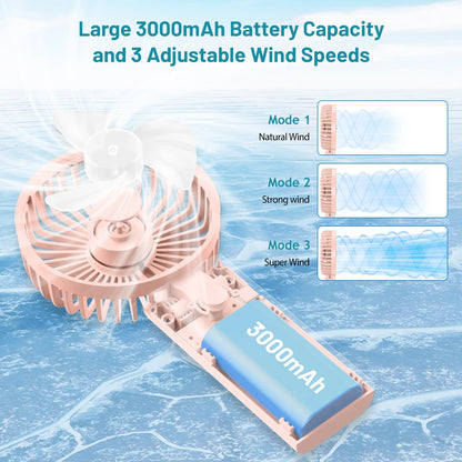 Handheld Fan, Foldable Pocket Fan with 3000 mAh Battery, Mini Desk Fan