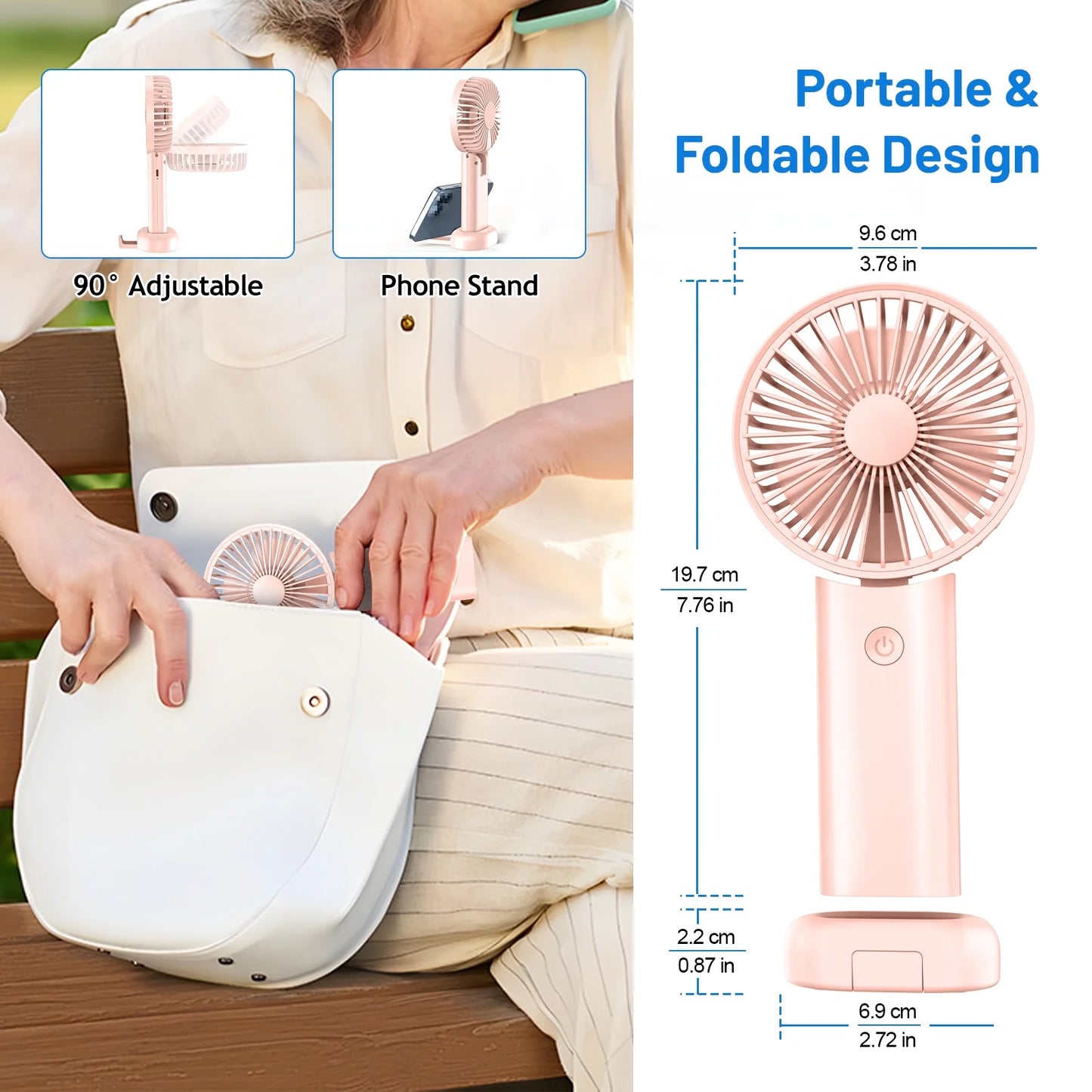 Handheld Fan, Foldable Pocket Fan with 3000 mAh Battery, Mini Desk Fan