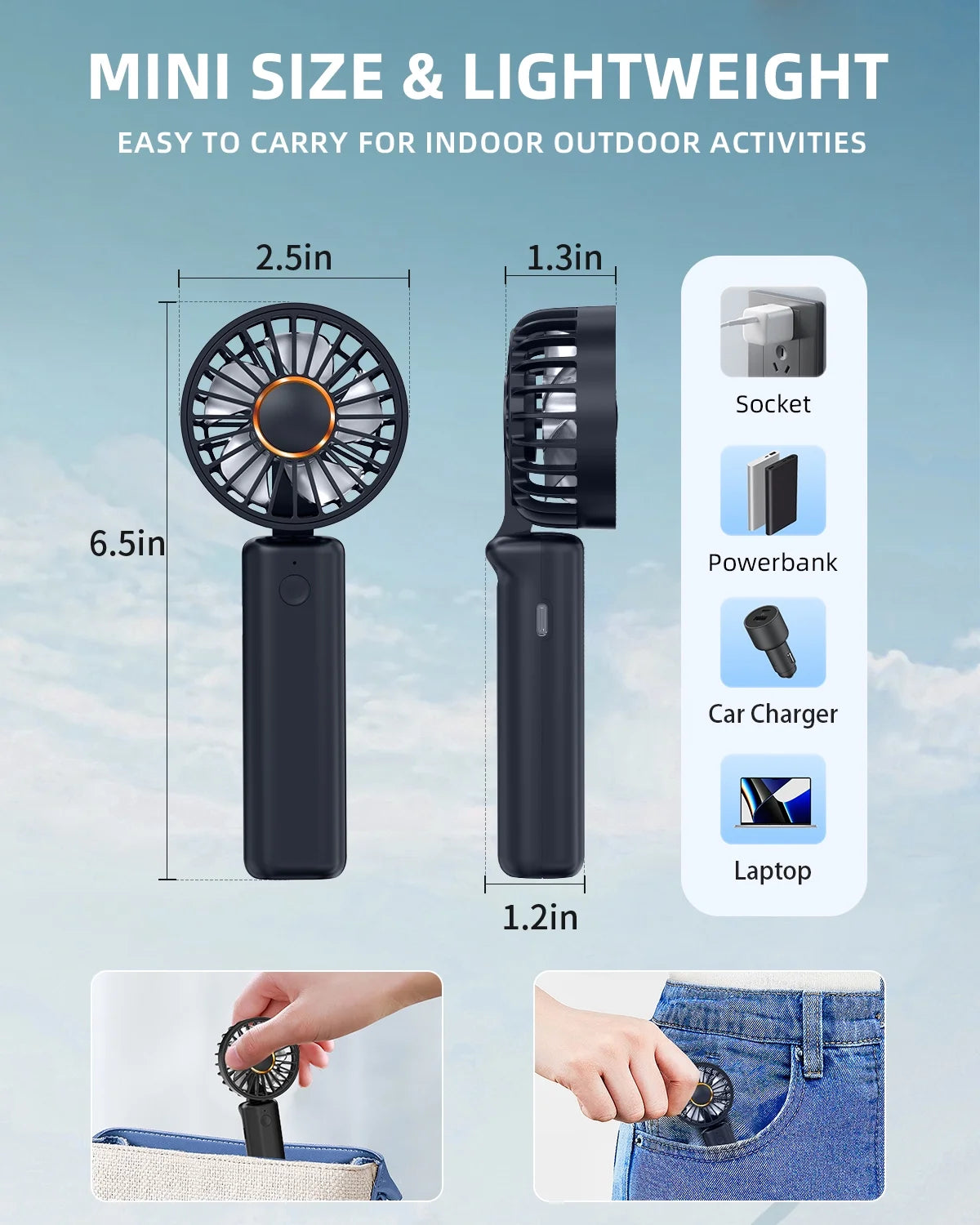 Handheld Fan , Mini Desk Fan Foldable 2000mAh, 180° Ratotion