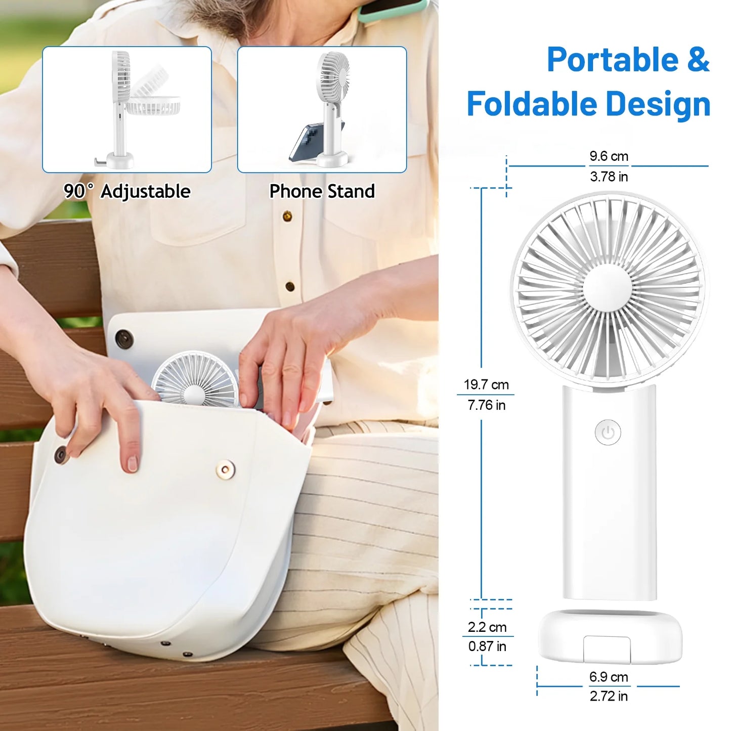 Handheld Fan, Foldable Pocket Fan with 3000 mAh Battery, Mini Desk Fan