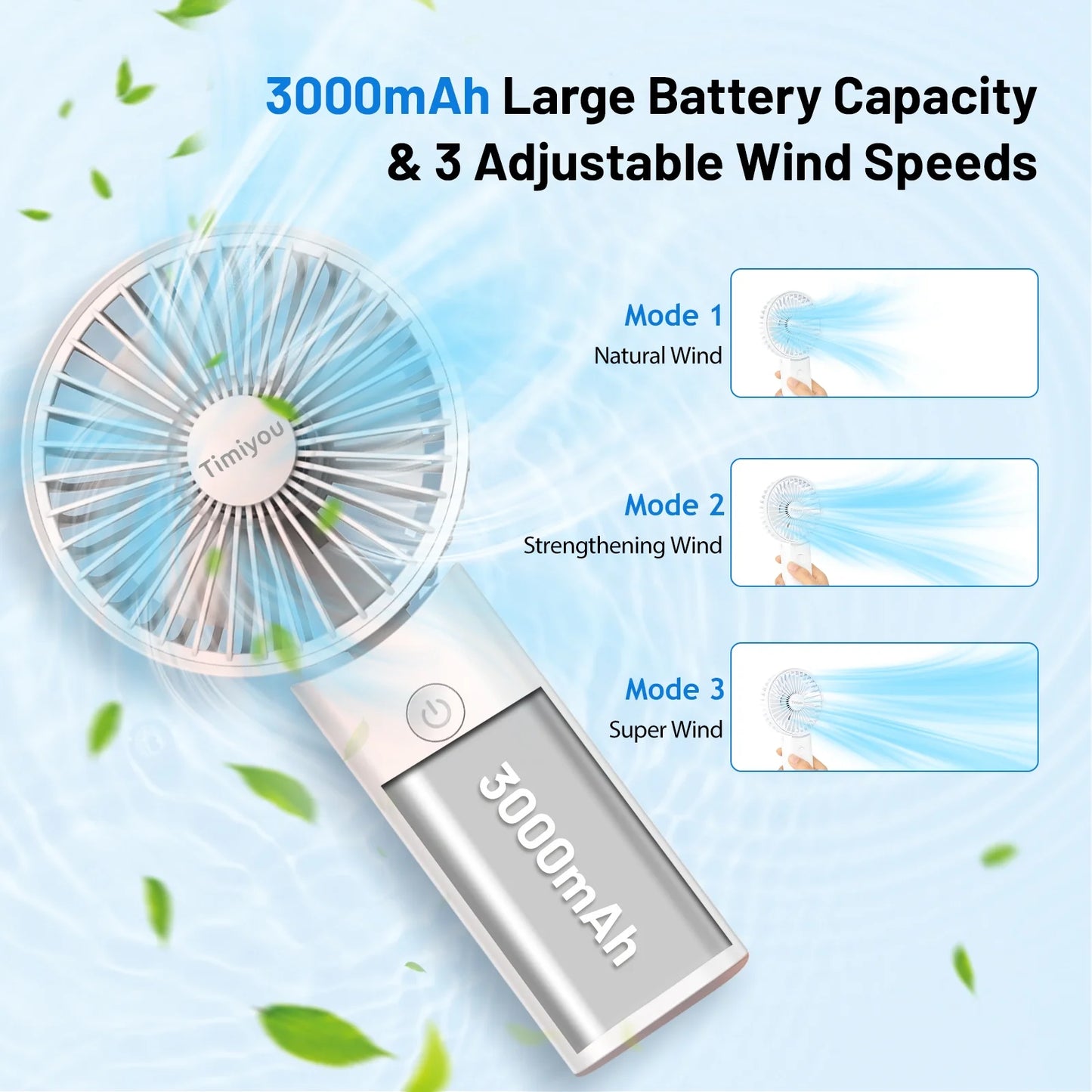 Handheld Fan, Foldable Pocket Fan with 3000 mAh Battery, Mini Desk Fan