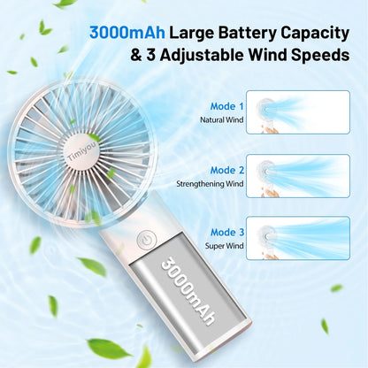 Handheld Fan, Foldable Pocket Fan with 3000 mAh Battery, Mini Desk Fan